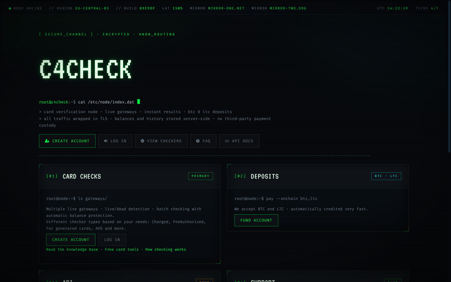 C4CHECK home screen with access to checking, deposits and API