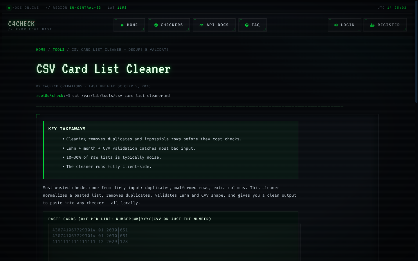 The CSV Card List Cleaner — Dedupe & Validate tool running on C4CHECK with sample input