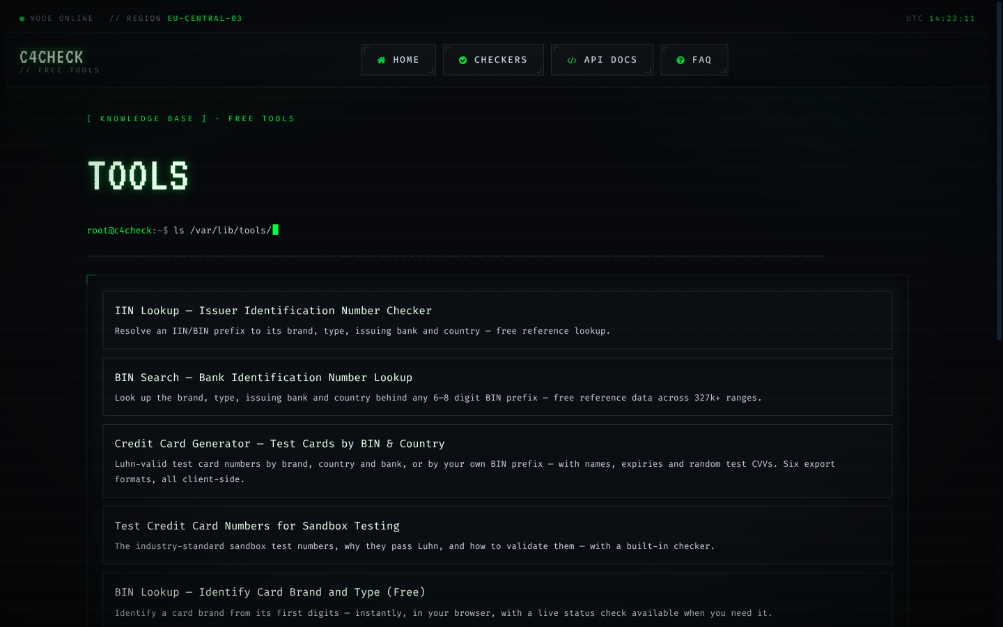 Free browser-side tools index: Luhn, BIN, IBAN, generators and validators